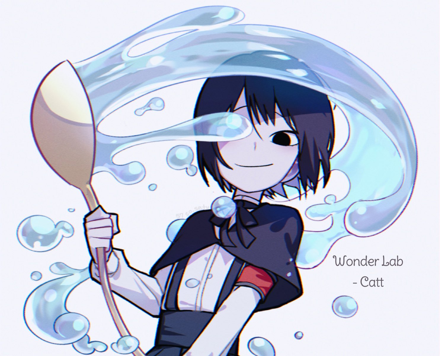 1other, 57so_setu, armband, black_eyes, black_hair, catt_(wonder_lab), character_name, cloak