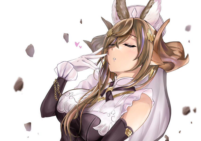 1girl, absurdres, animal_ears, breasts, brown_hair, closed_eyes, detached_sleeves, frills