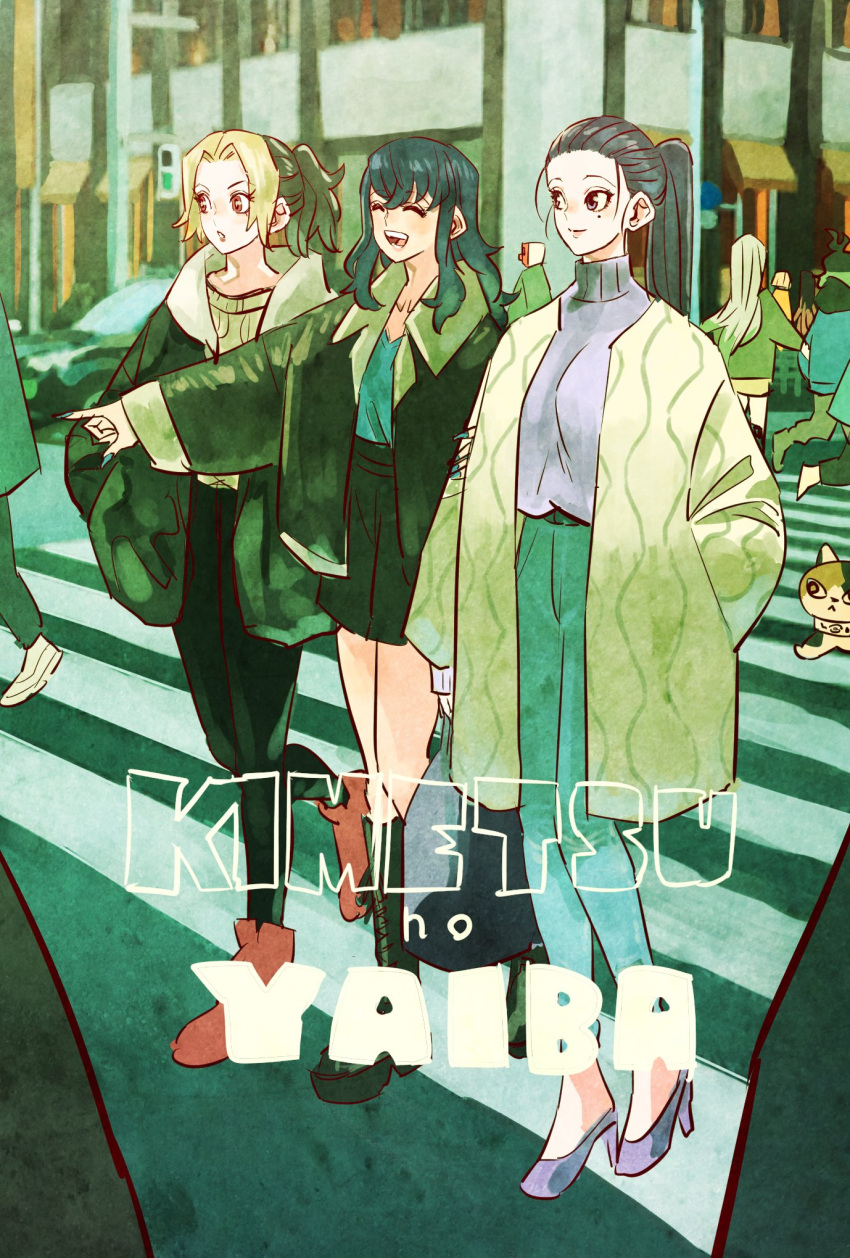 3boys, 5girls, ^_^, alternate_universe, black_hair, blonde_hair, blue_hair, boots