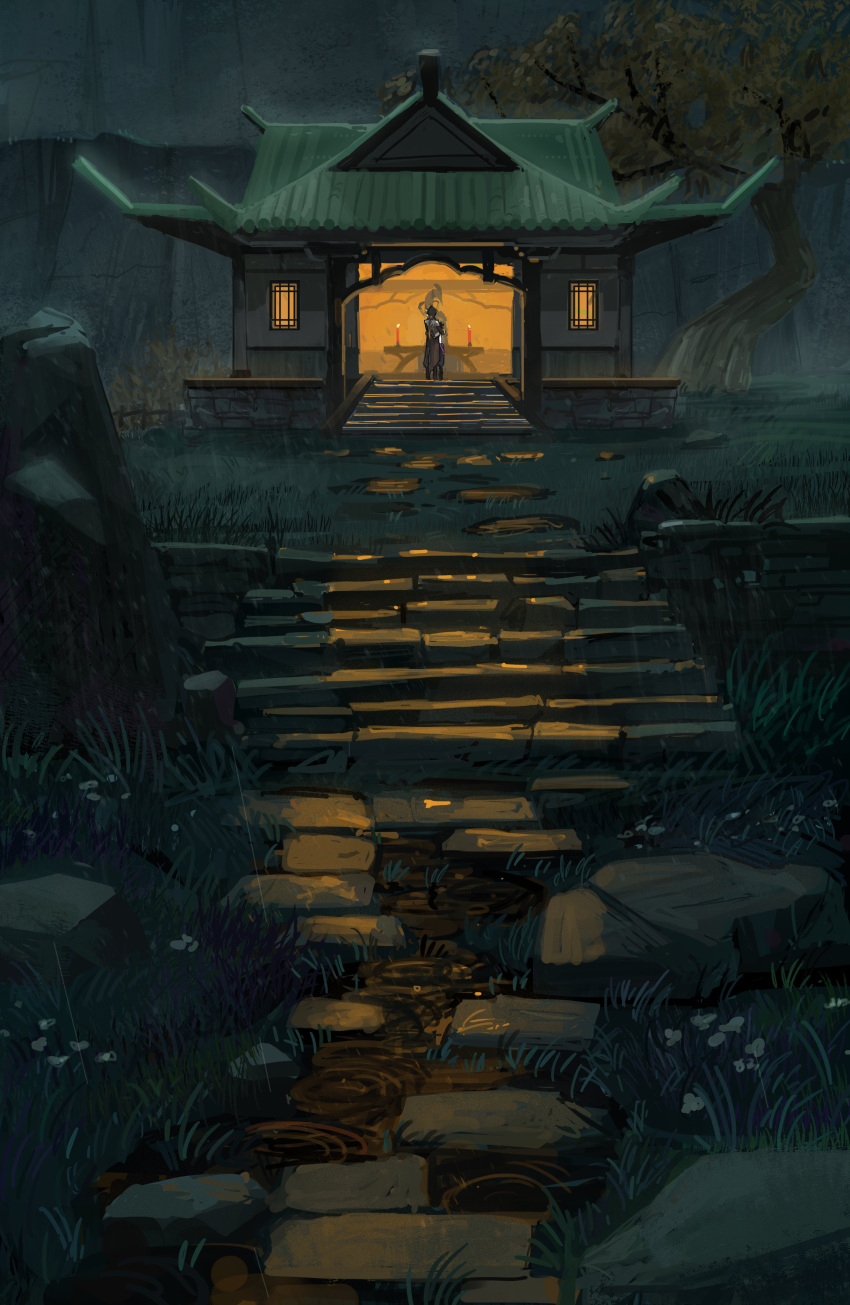 2boys, absurdres, bothpalms, brown_hair, building, candle, coat, english_commentary, genshin_impact, grass, highres, hug, long_hair, male_focus, multicolored_hair, multiple_boys, night, outdoors, ponytail, rain, rock, scenery, stairs, standing, table, tree, xiao_(genshin_impact), zhongli_(genshin_impact)