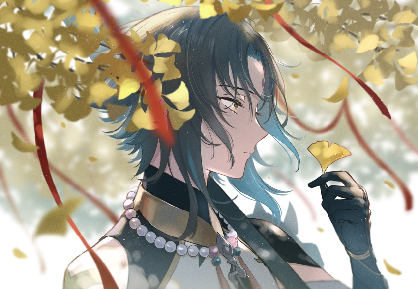 1boy, arm_tattoo, bangs, bead_necklace, beads, black_hair, blue_hair, closed_mouth