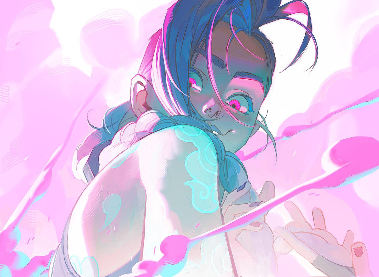 1girl, alisvart, arcane:_league_of_legends, arm_tattoo, bare_shoulders, blue_hair, blue_lips, blue_nails, braid, braided_ponytail, cloud_tattoo, from_below, jinx_(league_of_legends), league_of_legends, looking_at_viewer, pink_eyes, solo, tank_top, tattoo