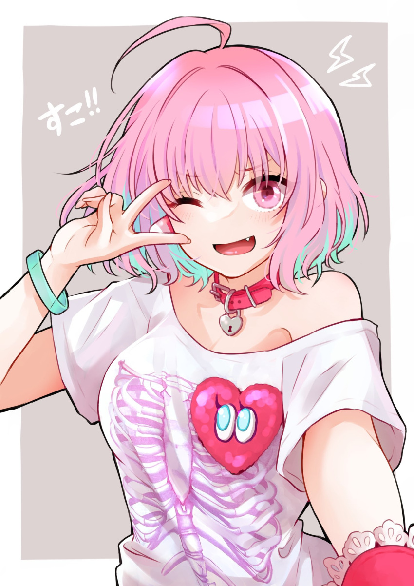 1girl, bangs, blue_hair, breasts, choker, commentary_request, eyebrows_visible_through_hair, fang