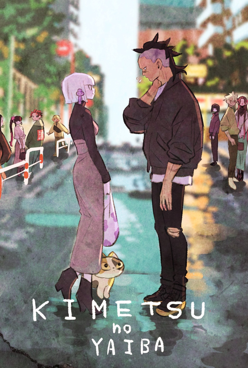 4girls, 5boys, after_rain, agatsuma_zenitsu, animal, ankle_boots, apologizing, arm_at_side