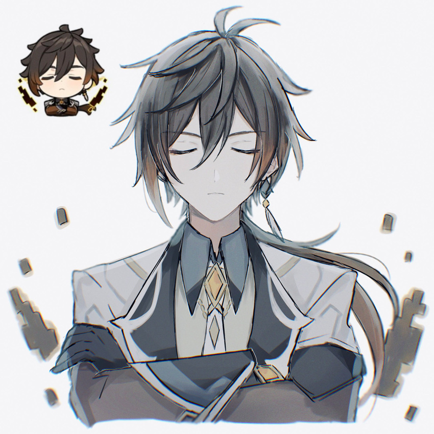 1boy, 41_tr, alternate_costume, bangs, black_gloves, black_hair, brown_hair, closed_eyes