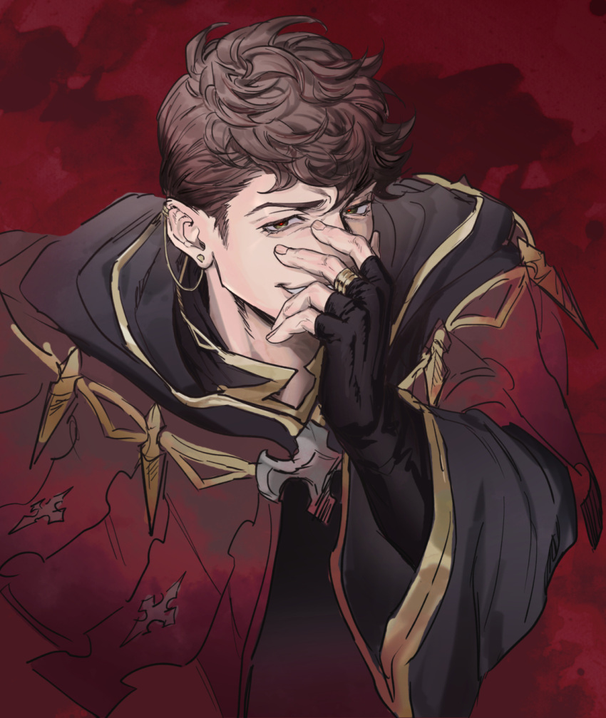 1boy, black_cape, black_gloves, bpadult, brown_eyes, brown_hair, cape, ear_piercing, earrings, evil_smile, fingerless_gloves, gloves, granblue_fantasy, hand_on_own_face, highres, jewelry, lobelia_(granblue_fantasy), looking_at_viewer, male_focus, piercing, ring, robe, short_hair, sideburns, smile, solo, upper_body