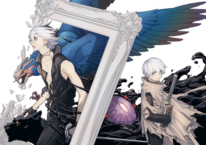 2boys, belt, bird, black_gloves, black_hair, black_panther, blue_eyes, book, bracelet, cane, child, cloak, closed_mouth, coat, collarbone, debris, devil_may_cry_(series), devil_may_cry_5, dual_persona, fingerless_gloves, gloves, grey_eyes, griffon_(devil_may_cry_5), highres, holding, holding_book, holding_cane, holding_sword, holding_weapon, jewelry, katana, looking_at_viewer, male_focus, monster, multicolored_hair, multiple_boys, necklace, nightmare_(devil_may_cry), official_art, ogata_tomio, open_mouth, picture_frame, shadow_(devil_may_cry_5), shorts, skinny, spoilers, sword, thick_eyebrows, topless_male, torn_cloak, torn_clothes, two-tone_hair, v_(devil_may_cry), vergil_(devil_may_cry), weapon, white_background, white_hair, yamato_(sword), younger