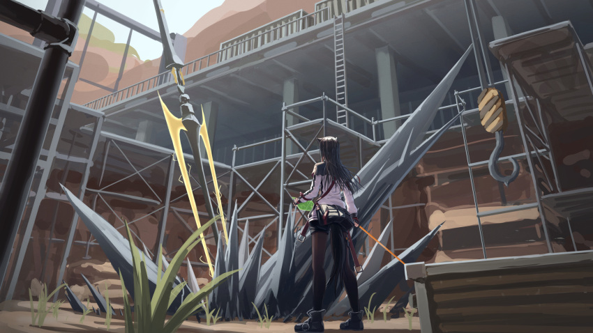 1girl, animal_ears, arknights, arknights:_endfield, belt_pouch, black_footwear, black_gloves, black_hair