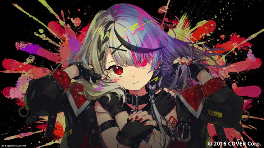 1girl, arm_strap, arm_tattoo, bangs, black_collar, black_gloves, black_hair, black_jacket