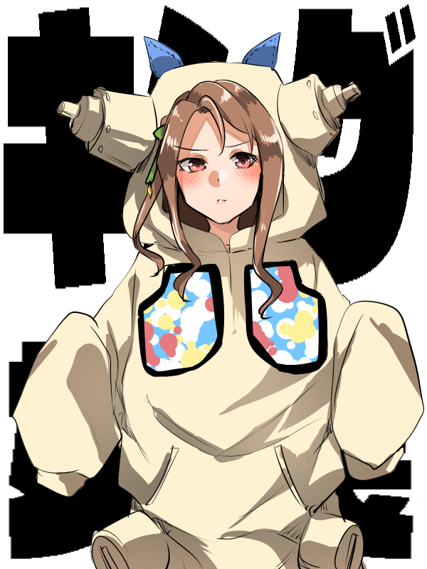 1girl, blush, brown_hair, cosplay, hood, hoodie, kakuteru_sudachi, king_halo_(umamusume)