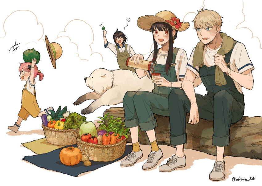 2boys, 2girls, ^_^, alternate_hairstyle, animal, anya_(spy_x_family), arm_up, bangs