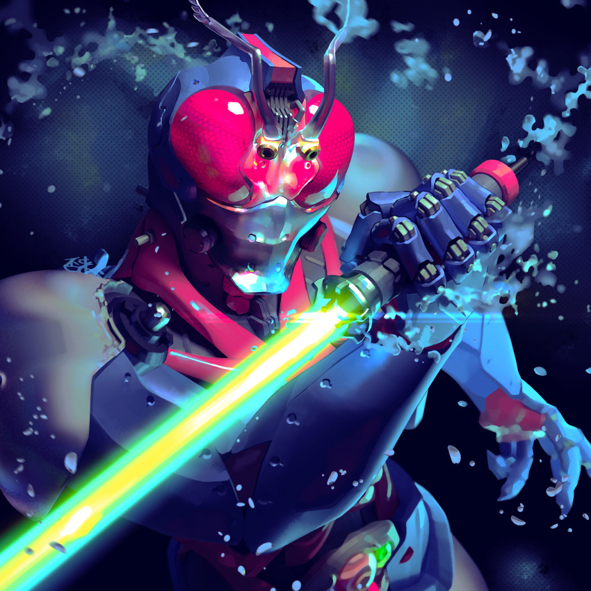 1boy, antennae, armor, belt, biorider, commentary, compound_eyes, cropped_legs