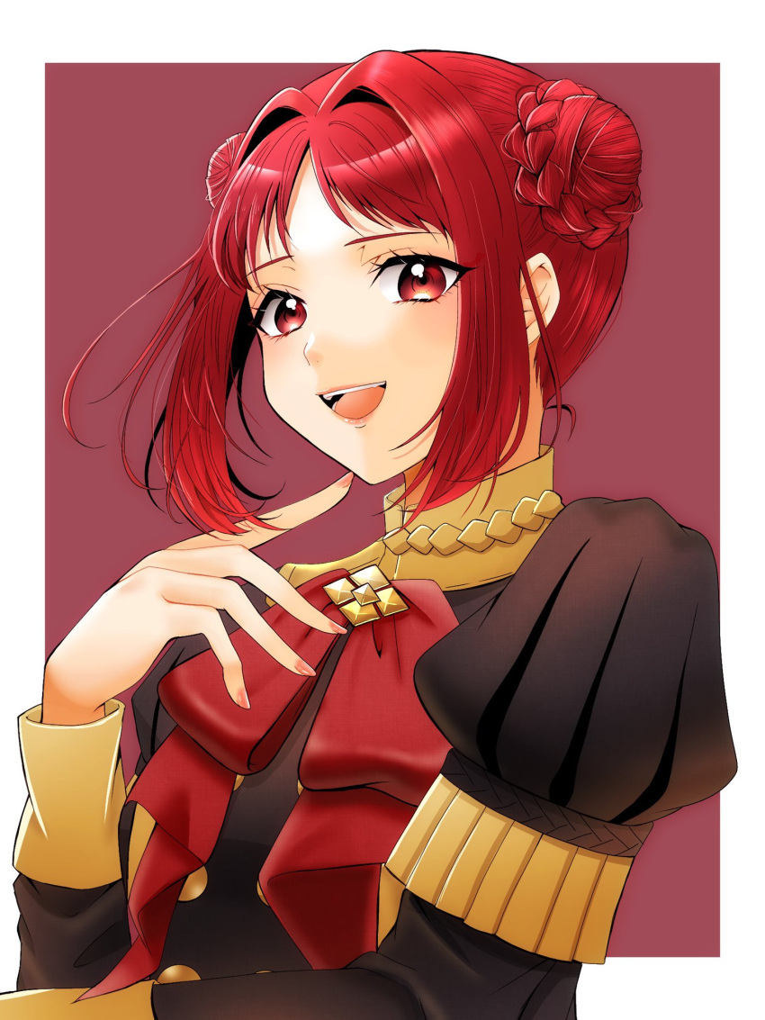 1girl, double_bun, eyebrows_visible_through_hair, fire_emblem, fire_emblem:_three_houses, fire_emblem_warriors:_three_hopes, garreg_mach_monastery_uniform, gau_fe, hair_bun, highres, long_sleeves, looking_at_viewer, monica_von_ochs, open_mouth, redhead, short_hair, simple_background, single_hair_bun, smile, solo, uniform, upper_body