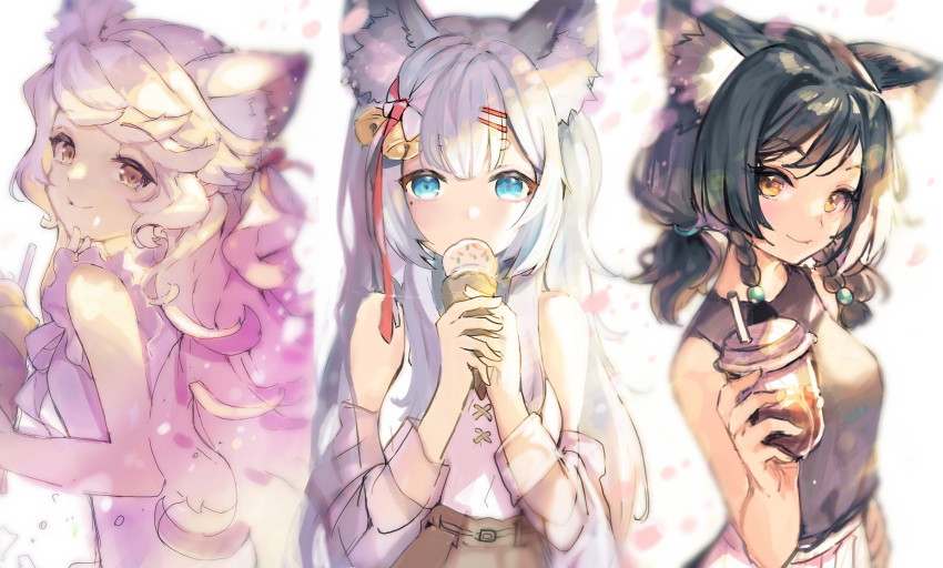 absurdres, animal_ears, black_hair, blue_eyes, blue_hair, brown_eyes, cloud_horizon, fox_ears
