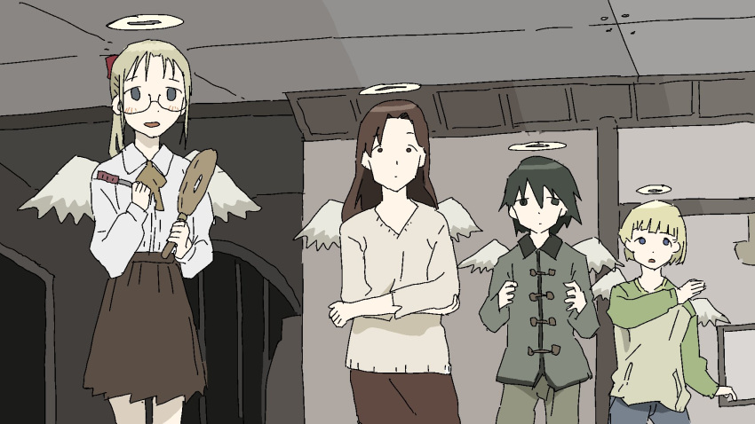 4girls, androgynous, angel, angel_wings, bangs, black_hair, blonde_hair, blue_eyes