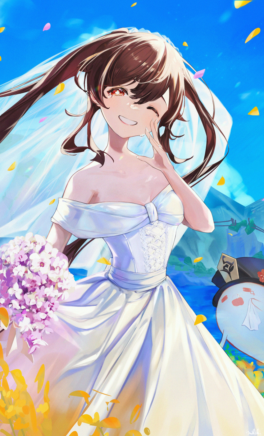 1girl, absurdres, brown_hair, crying, crying_with_eyes_open, dress, flat_chest, flower