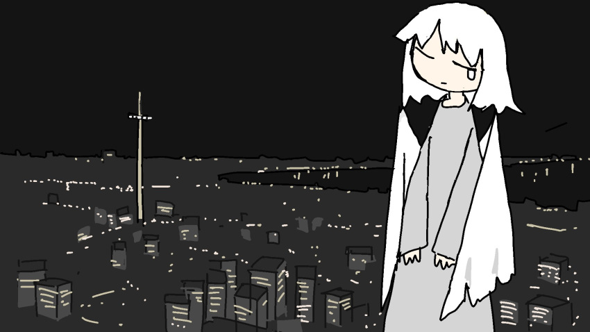 1girl, angel_wings, building, city, cityscape, closed_eyes, closed_mouth, cross, from_above, grey_sweater, highres, night, night_sky, original, seattle, sky, sweater, tears, tsukumizu_yuu, white_hair, wings