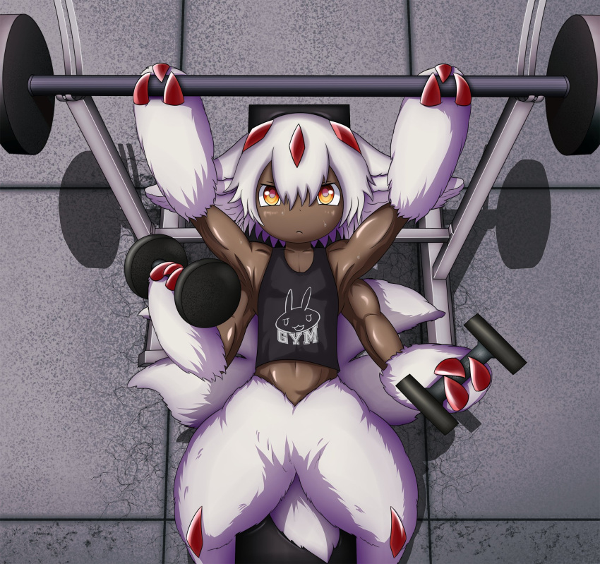 1girl, barbell, bench_press, black_tank_top, brown_eyes, claws, dark_skin, dumbbell
