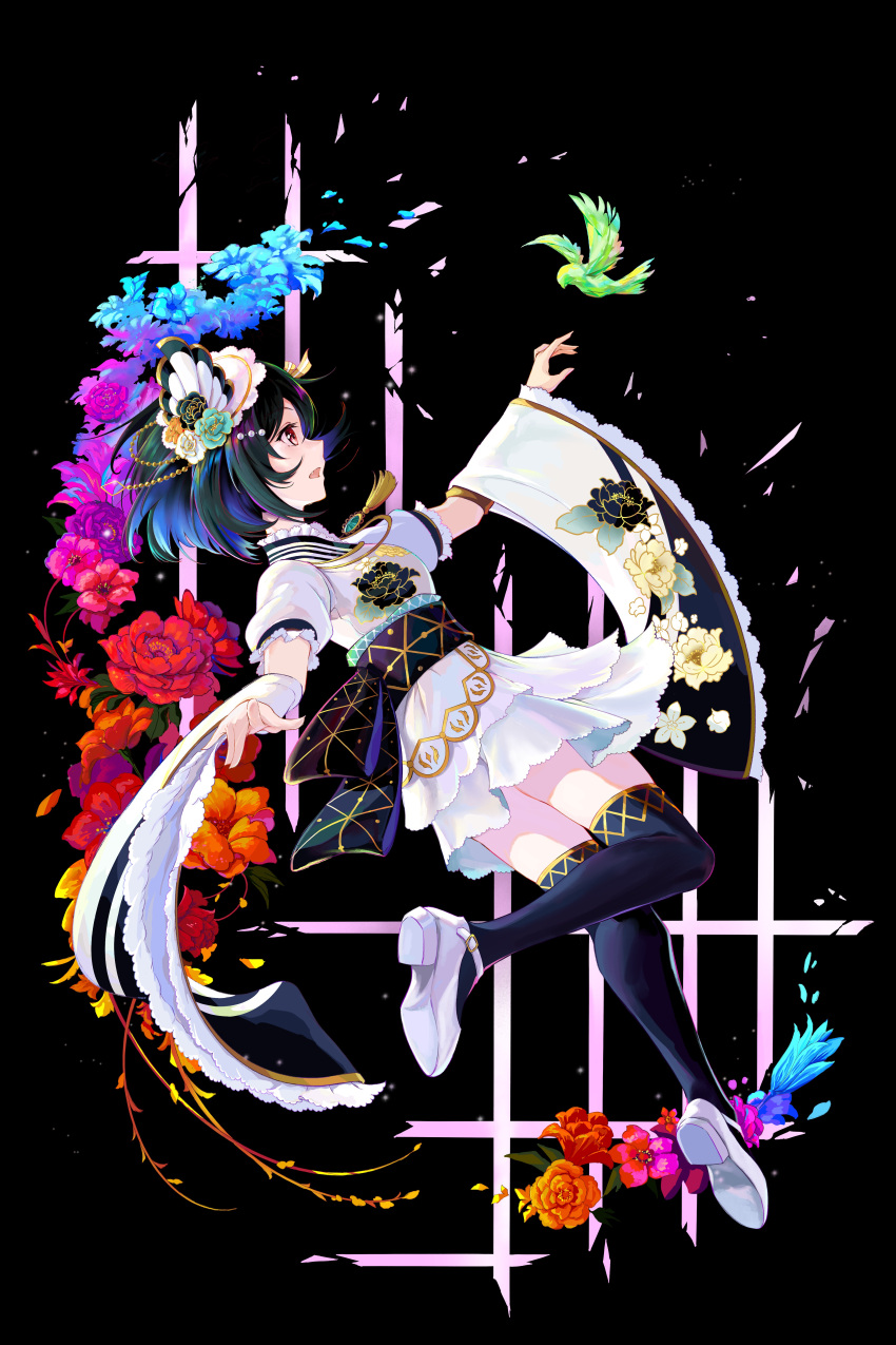 absurdres, aiguillette, black_background, black_hair, black_legwear, blue_flower, dark_green_hair, detached_sleeves, dress, epaulettes, floral_print, flower, frilled_dress, frills, furisode, gold_trim, hair_flower, hair_ornament, hat, high_heels, highres, japanese_clothes, ketsui_no_hikari, kimono, love_live!, love_live!_nijigasaki_high_school_idol_club, mifune_shioriko, mini_hat, obi, orange_eyes, peony_(flower), puffy_short_sleeves, puffy_sleeves, red_eyes, sash, setsu_(qjsj1993aa), short_hair, short_sleeves, white_dress, white_headwear, white_kimono, wide_sleeves, zettai_ryouiki