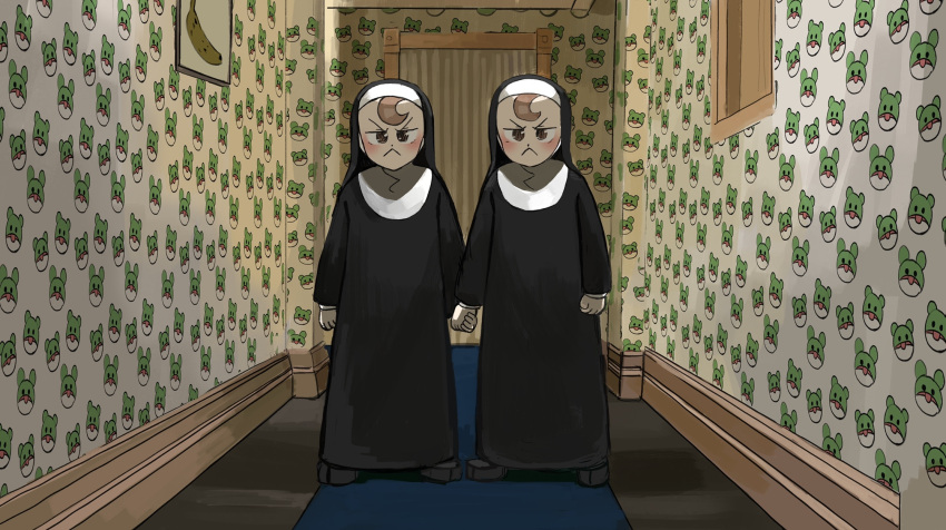 >:(, 2girls, :<, animal_print, black_footwear, blue_carpet, blush, brown_eyes