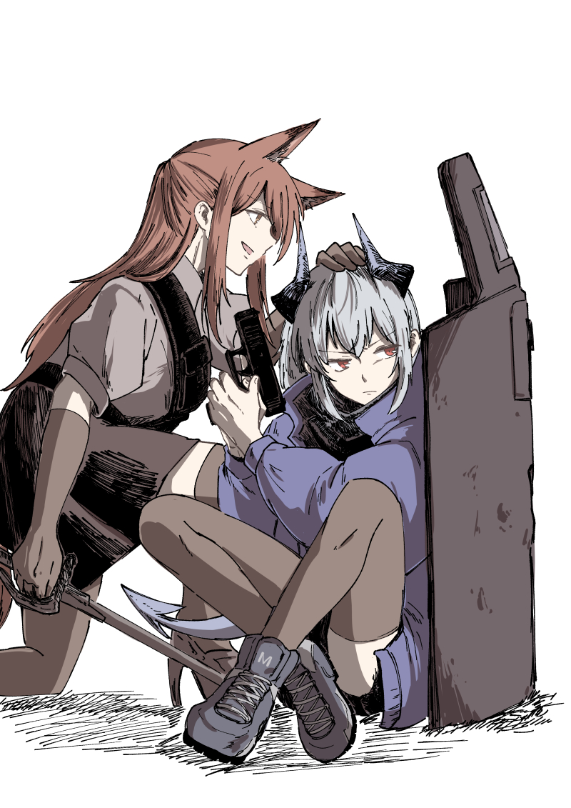 2girls, animal_ear_fluff, animal_ears, arknights, black_footwear, black_skirt, blue_coat, brown_eyes, brown_gloves, brown_hair, brown_legwear, coat, dragon_girl, dragon_horns, dragon_tail, elbow_gloves, eyebrows_visible_through_hair, fox_ears, franka_(arknights), full_body, gloves, grey_hair, grey_shirt, gun, hand_on_another's_head, haruichi_(sazanami_complex), high-waist_skirt, holding, holding_gun, holding_sword, holding_weapon, horns, knees_up, liskarm_(arknights), long_hair, long_sleeves, multiple_girls, one_knee, open_clothes, open_coat, open_mouth, puffy_long_sleeves, puffy_sleeves, red_eyes, riot_shield, seiza, shield, shirt, shoes, short_hair, short_ponytail, short_sleeves, simple_background, sitting, skirt, sneakers, sword, tail, thigh-highs, trigger_discipline, v-shaped_eyebrows, weapon, white_background