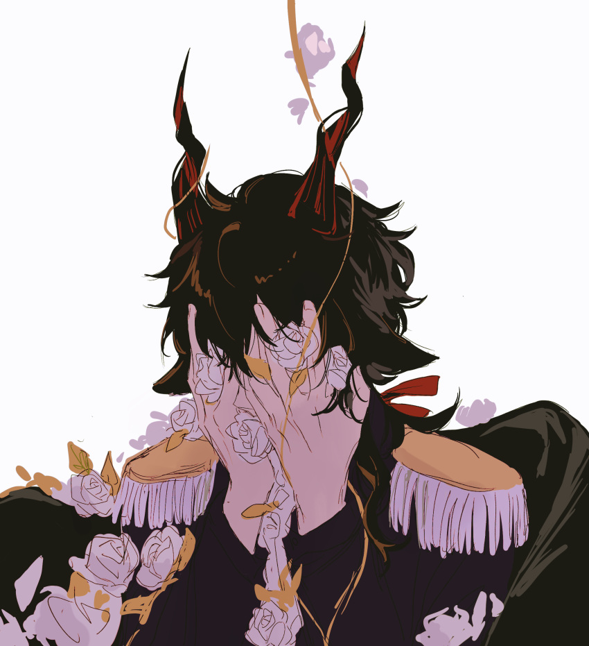 1boy, absurdres, arknights, black_hair, black_jacket, ebenholz_(arknights), epaulettes, flower