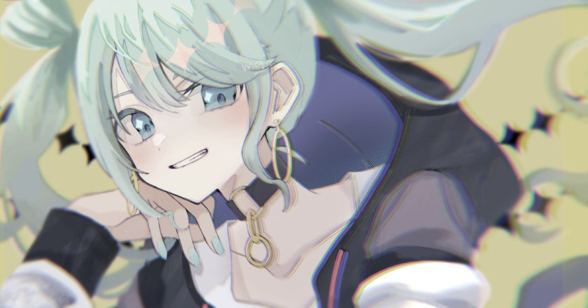 1girl, blue_eyes, blue_hair, blue_nails, choker, commentary, earrings, grin