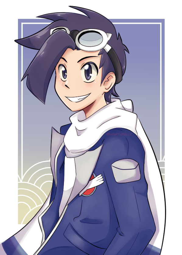 1boy, bangs, black_hair, blue_jacket, border, commentary, ethan_(pokemon), goggles