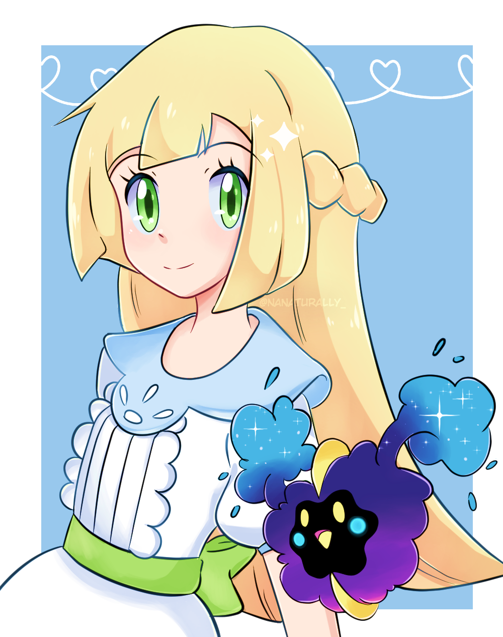 1girl, bangs, blonde_hair, border, braid, closed_mouth, commentary_request, cosmog