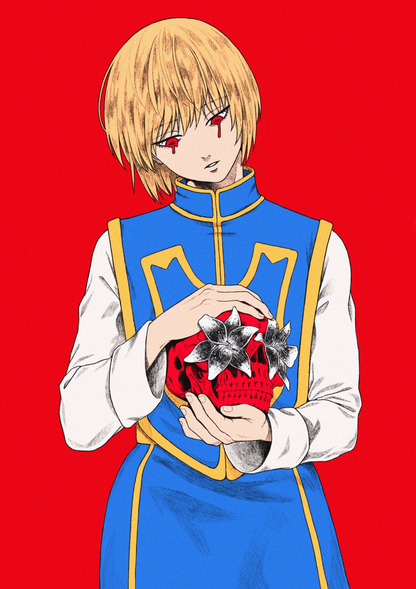 1boy, androgynous, bangs, blonde_hair, blood, blood_from_eyes, feet_out_of_frame, flower, flower_request, head_tilt, highres, holding, hunter_x_hunter, kurapika, male_focus, medium_hair, ohmilkt, red_eyes, skull, solo