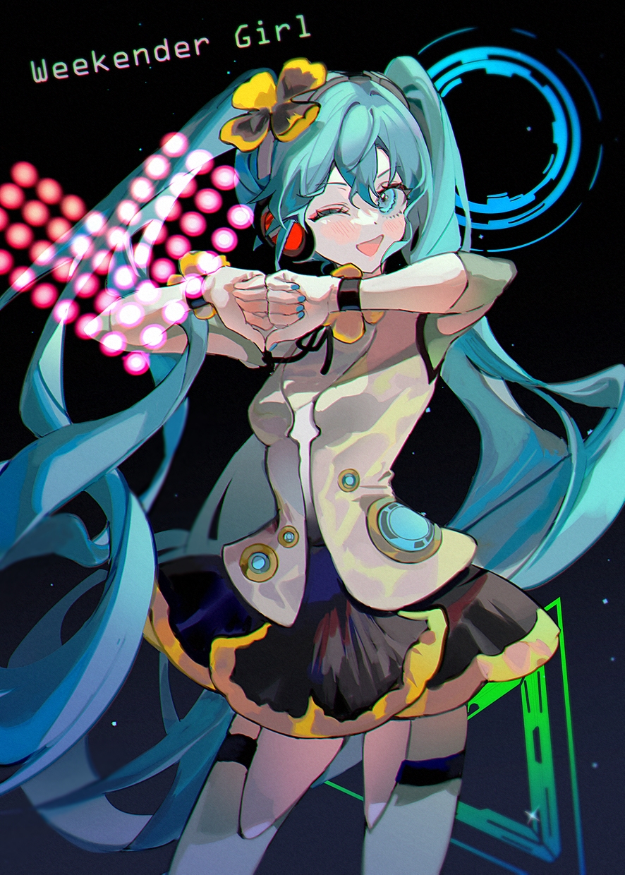 1girl, ;d, black_skirt, blue_eyes, blue_hair, blue_nails, commentary, flower