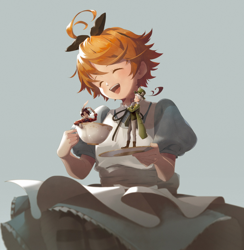 1girl, :d, ^_^, absurdres, apron, awarin, black_bow, blue_shirt