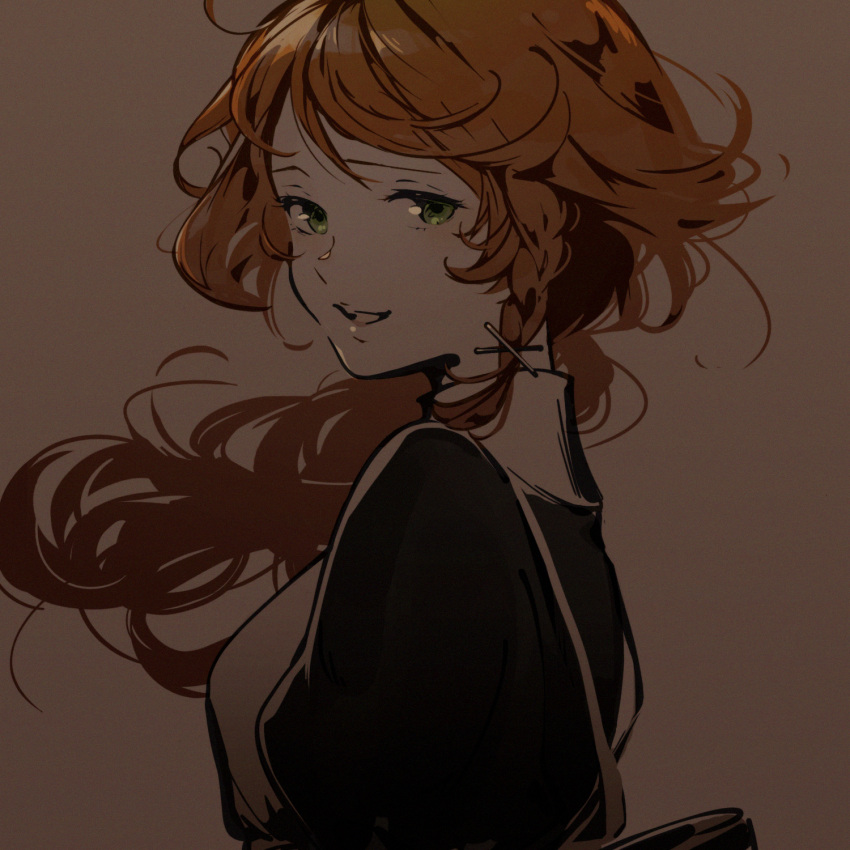 1girl, alternate_hair_length, alternate_hairstyle, awarin, braid, brown_background, brown_hair, emma_(yakusoku_no_neverland)