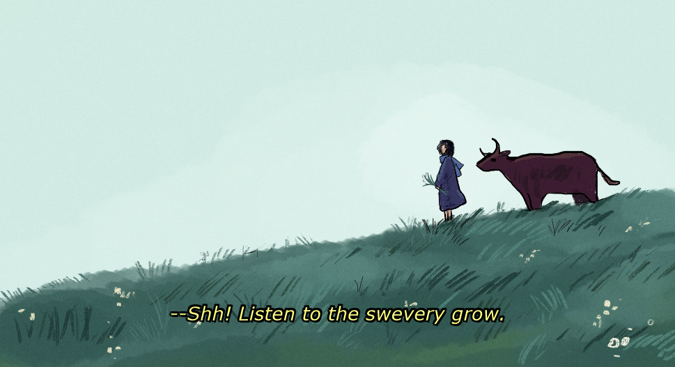 1girl, black_dress, black_hair, bull, elena-illustration, grass, murky_(pathologic), outdoors, pathologic, pathologic_2, plant, sky, steppe, termites, twyre, wonder_bull
