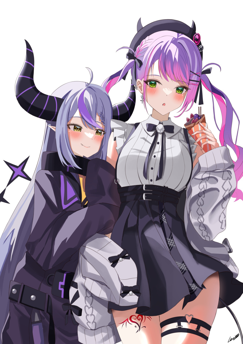2girls, absurdres, arm_hug, black_headwear, blush, closed_mouth, cowboy_shot, crepe, demon_girl, demon_horns, demon_tail, ear_piercing, fake_horns, food, green_eyes, heart, highres, holding, holding_crepe, holding_food, hololive, horned_headwear, horns, la+_darknesss, leg_tattoo, light_purple_hair, lolipop_(nmaf4445), long_hair, long_sleeves, looking_at_another, multicolored_hair, multiple_girls, open_mouth, piercing, pink_hair, pointy_ears, purple_hair, signature, sleeves_past_fingers, sleeves_past_wrists, smile, tail, tattoo, tokoyami_towa, twintails, two-tone_hair, very_long_hair, virtual_youtuber, white_background, yellow_eyes