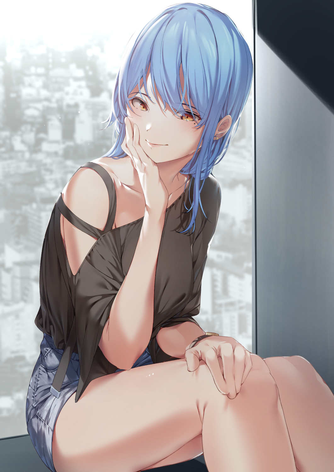 1girl, amagimei, bangs, black_shirt, blue_hair, closed_mouth, collarbone, denim