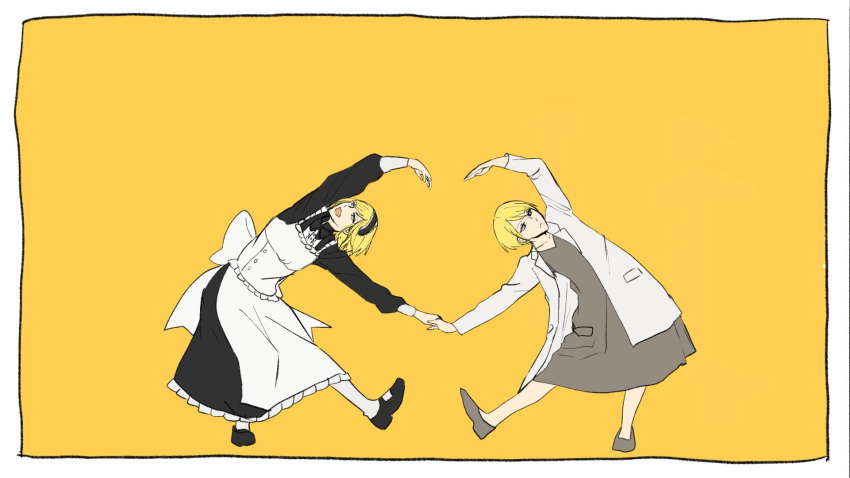 1boy, 1girl, behemo, blonde_hair, brother_and_sister, coat, evillious_nendaiki, heart_arms_duo