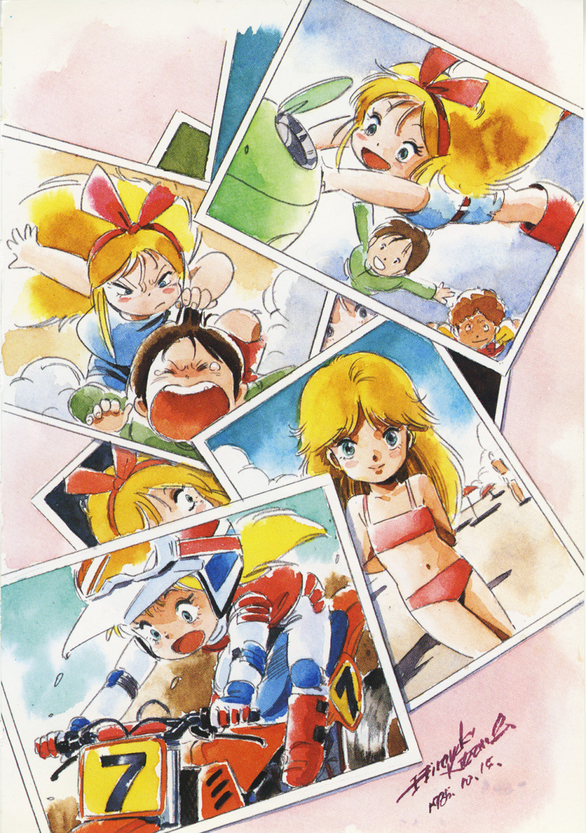 1980s_(style), 1girl, 2boys, biker_clothes, bikesuit, bikini, blonde_hair, blue_eyes