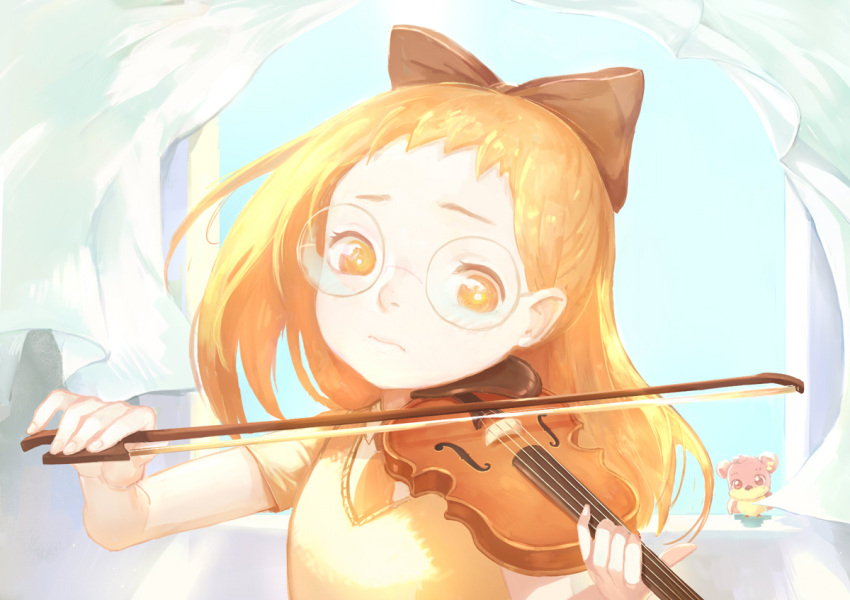 1girl, arbbun, brown_hair, character_request, curtains, female_child, fujiwara_hazuki, glasses, holding, holding_instrument, instrument, long_hair, ojamajo_doremi, orange_hair, round_eyewear, sad, solo, upper_body, violin
