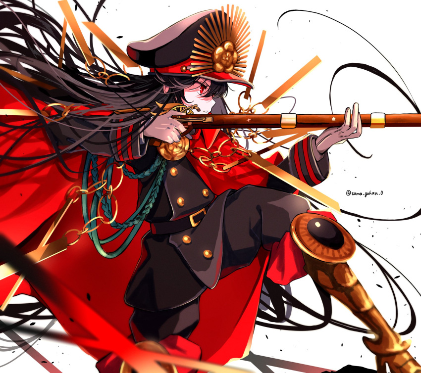 1girl, aiming, belt, black_hair, boots, cape, commentary_request, fate/grand_order