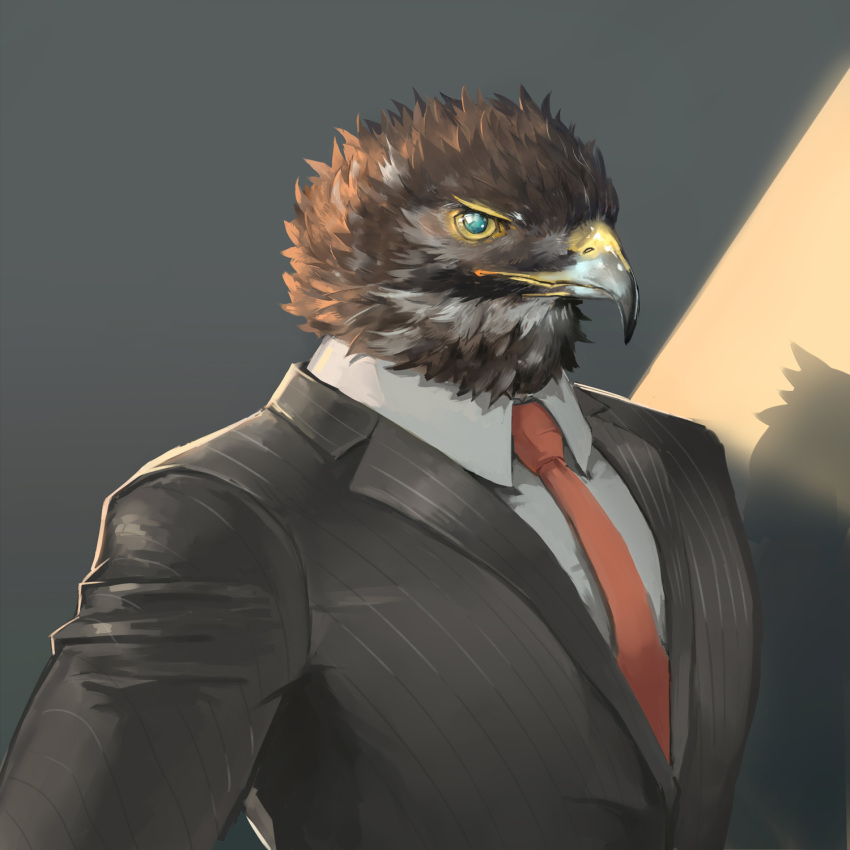 1boy, arbbun, bird_boy, black_suit, collared_shirt, formal, furry, furry_male, highres, male_focus, muscular, muscular_male, necktie, orange_necktie, original, shirt, solo, striped_suit, suit, textless_version, undershirt, upper_body, white_shirt