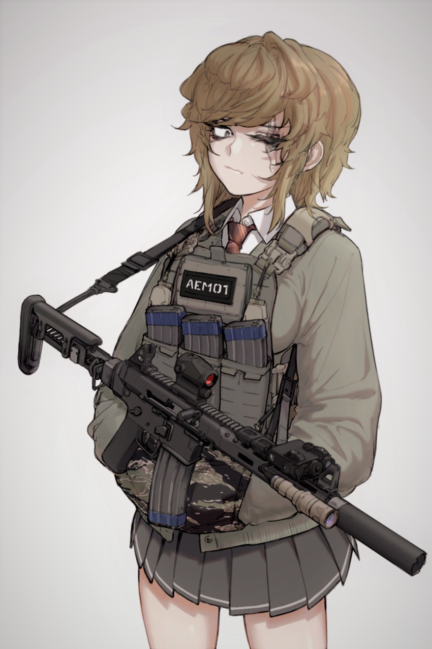 1girl, alma01, bangs, breasts, brn-180, brown_hair, brown_necktie, closed_mouth, collared_shirt, commentary_request, diagonal-striped_necktie, eyebrows_behind_hair, grey_background, grey_jacket, grey_skirt, gun, hands_in_pocket, highres, jacket, looking_at_viewer, magazine_(weapon), medium_breasts, necktie, one_eye_closed, original, pleated_skirt, scar, scar_across_eye, scope, shirt, skirt, solo, weapon, white_shirt