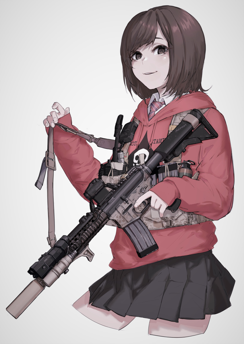 1girl, absurdres, aimpoint, alma01, assault_rifle, bangs, black_skirt, blush