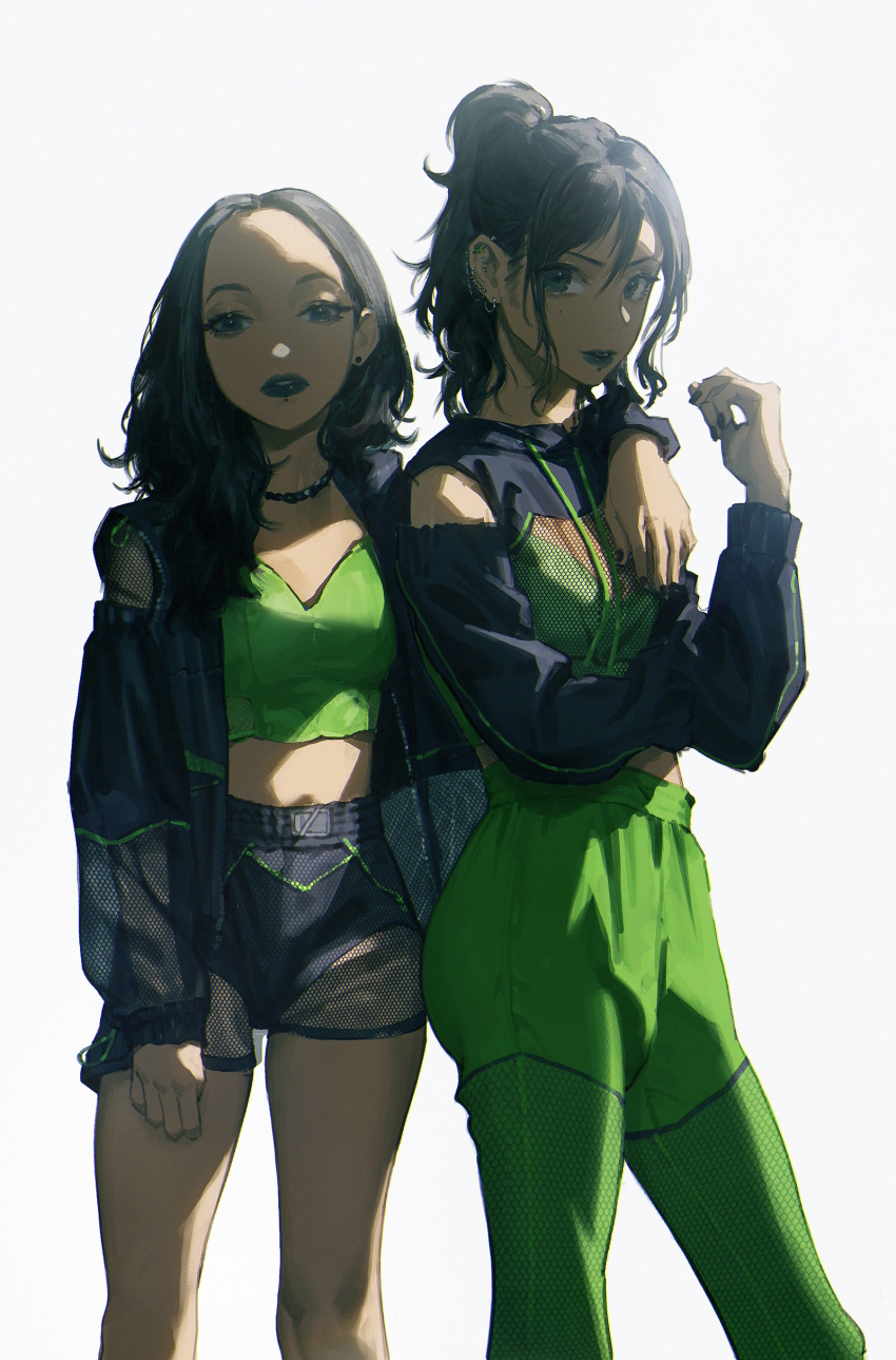 2girls, absurdres, arm_on_shoulder, black_hair, black_nails, green_pants, green_shirt, highres