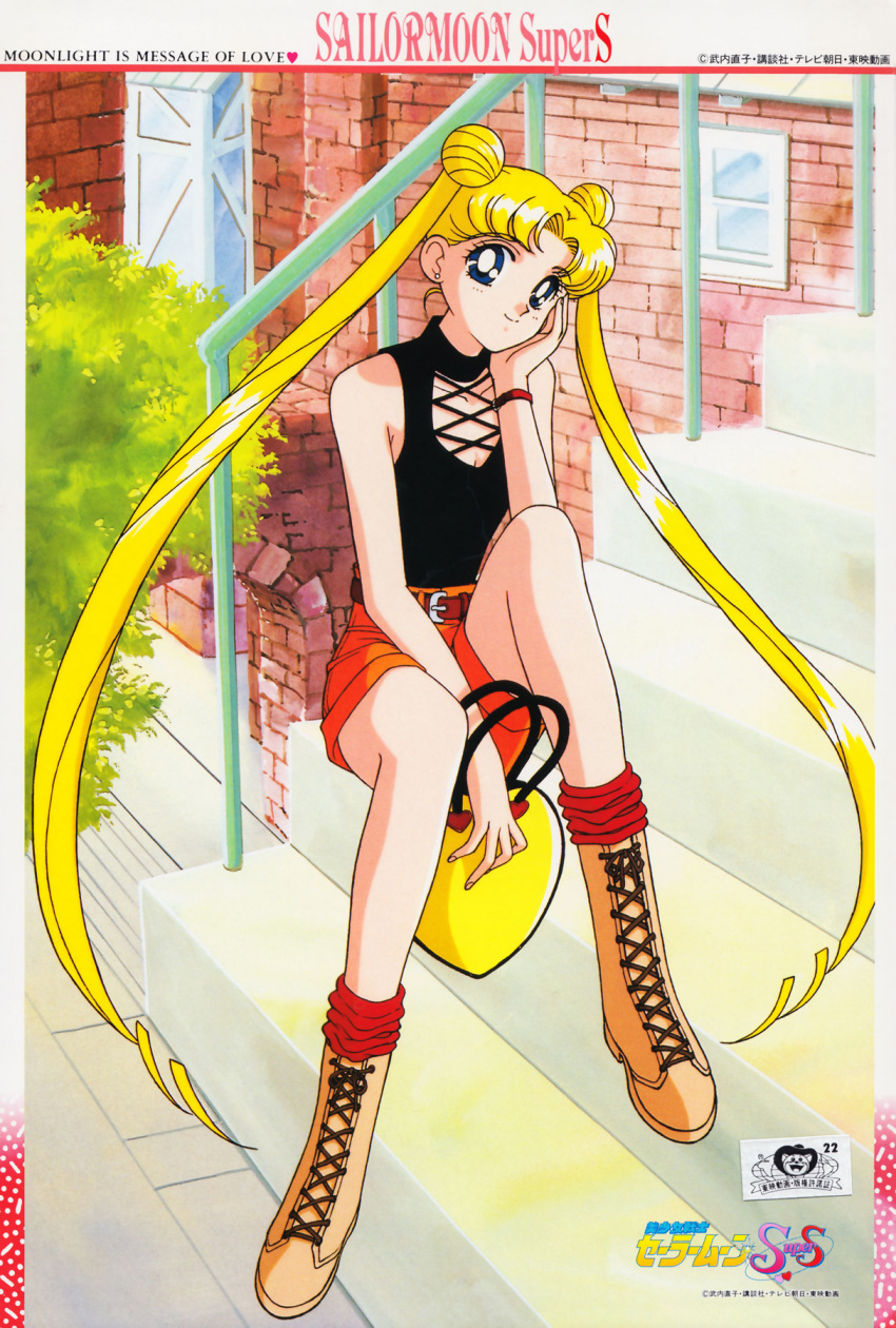 1990s_(style), 1girl, arm_between_legs, bag, bangs, bishoujo_senshi_sailor_moon, blonde_hair, blue_eyes