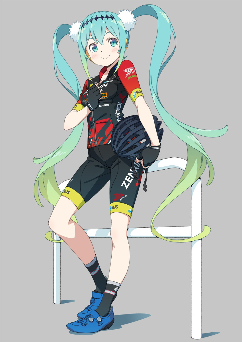 1girl, aqua_eyes, aqua_hair, bike_shorts, breasts, fingerless_gloves, gloves, goodsmile_racing