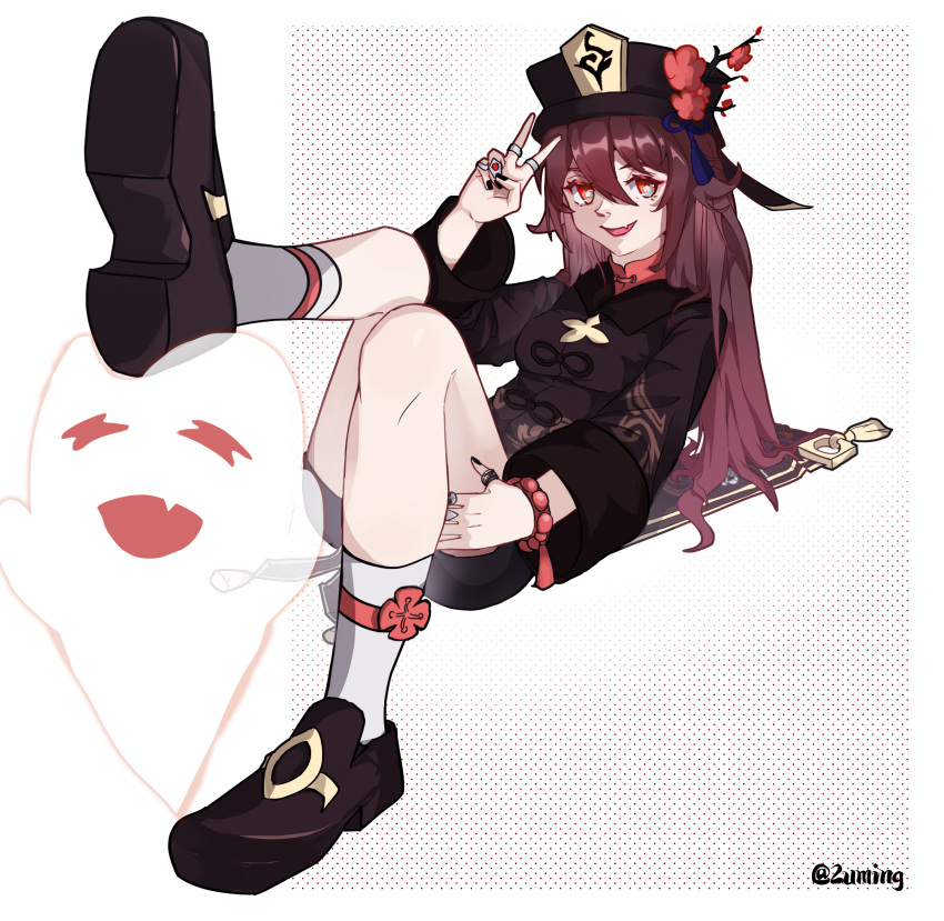 1girl, brown_hair, coat, fang, flower, flower-shaped_pupils, full_body, genshin_impact