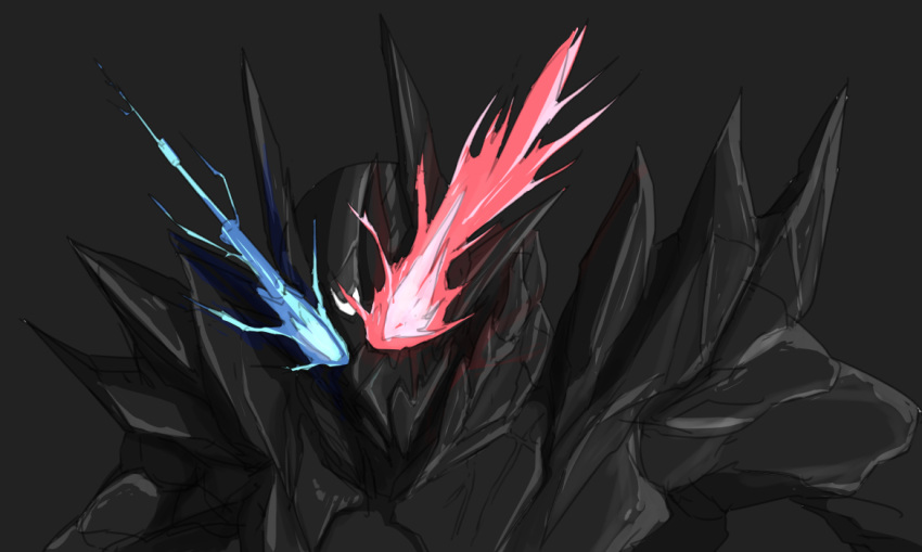 1boy, armor, black_armor, black_background, black_horns, blue_eyes, compound_eyes, hazard_trigger, heterochromia, horns, kamen_rider, kamen_rider_build, kamen_rider_build_(series), kyoutasab, male_focus, rabbit+tank_form, rabbit+tank_form_(black_hazard), red_eyes, science_fiction, shoulder_armor, shoulder_spikes, solo, spikes, stylistic, upper_body