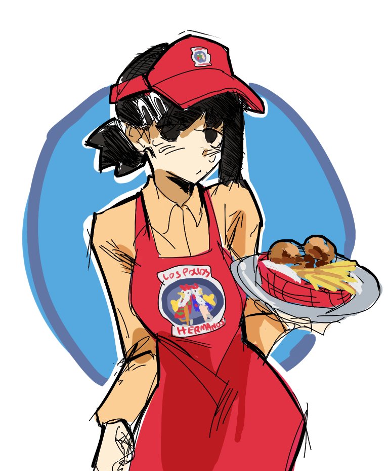 1girl, aesland3, apron, breaking_bad, chainsaw_man, employee_uniform, fast_food, fast_food_uniform, higashiyama_kobeni, holding, holding_tray, los_pollos_hermanos, sketch, solo, tray, uniform