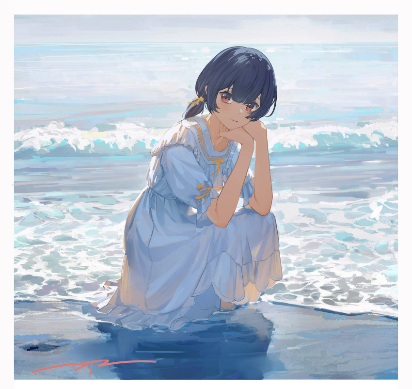 1girl, absurdres, bangs, black_hair, closed_mouth, da_tengzi, dress, frilled_dress